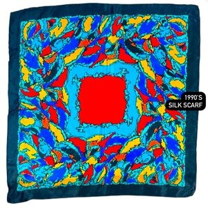 1990s 100% silk print scarf by Acute.  28” square.
